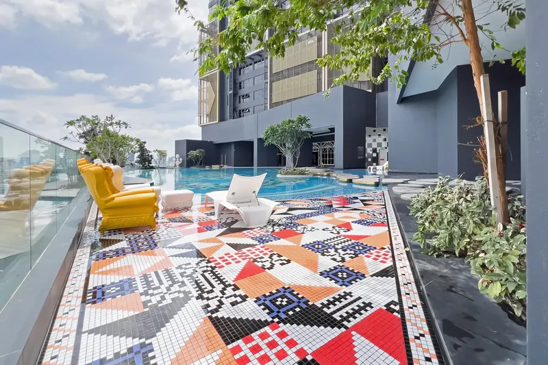 Colourful mosaic pool deck at Arte Cheras