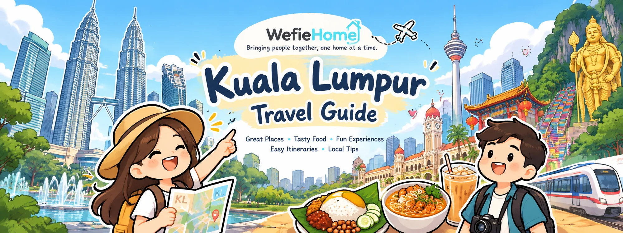Illustrated WefieHome Kuala Lumpur Travel Guide banner with the Petronas Twin Towers, KL Tower, Sultan Abdul Samad Building, Batu Caves, nasi lemak and the MRT