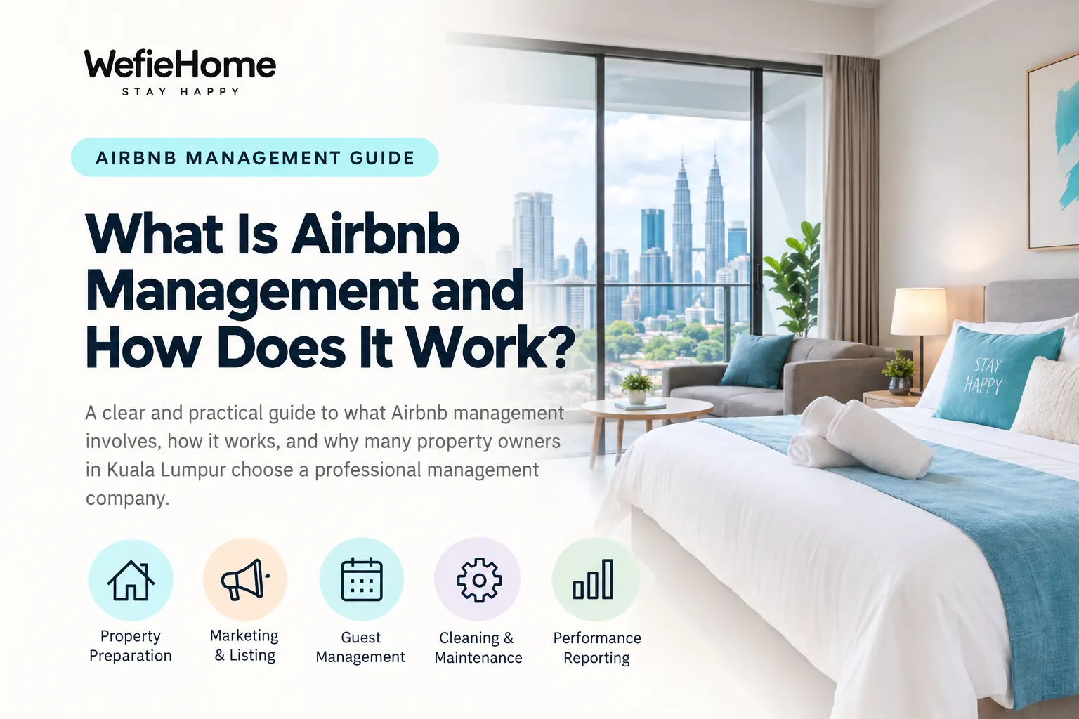 WefieHome Airbnb management guide graphic showing property preparation, listing, guest management, cleaning and reporting