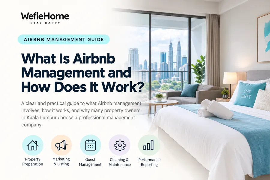 WefieHome Airbnb management guide graphic showing property preparation, listing, guest management, cleaning and reporting