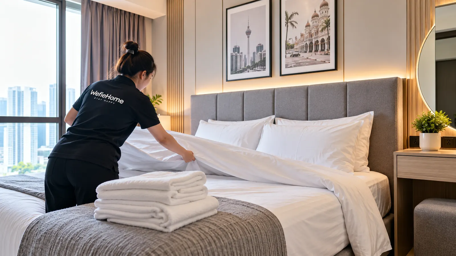 Housekeeper in a WefieHome shirt changing bed linen in a Kuala Lumpur condo bedroom