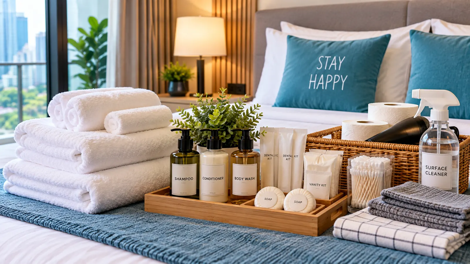Towels, toiletries, toilet rolls and cleaning supplies prepared for a short-stay guest