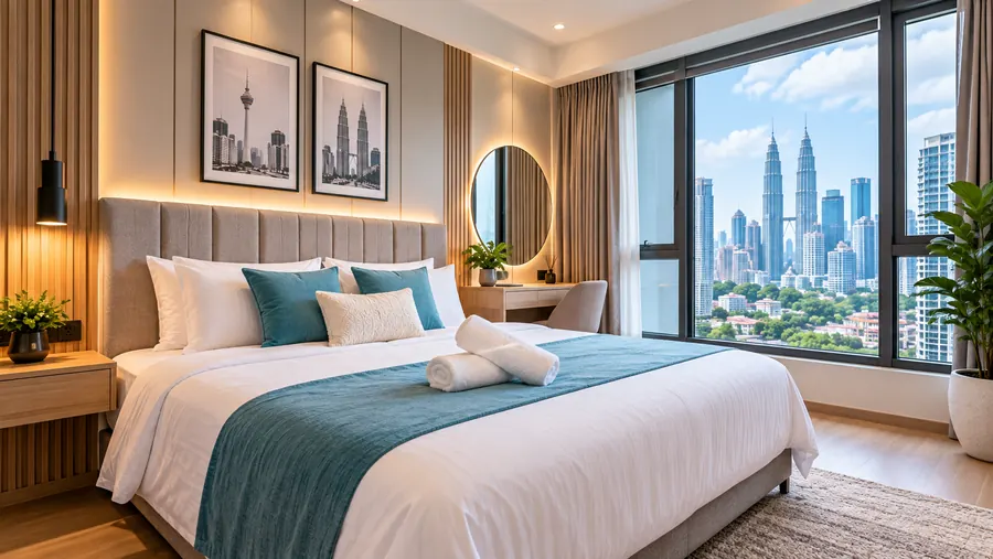 Styled bedroom with a Kuala Lumpur city view, set up for short-term rental guests