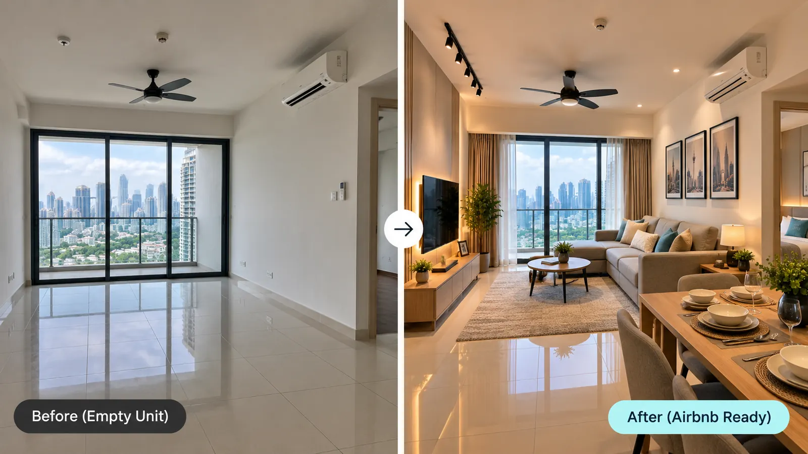 The same KL condo living room before (empty) and after Airbnb setup