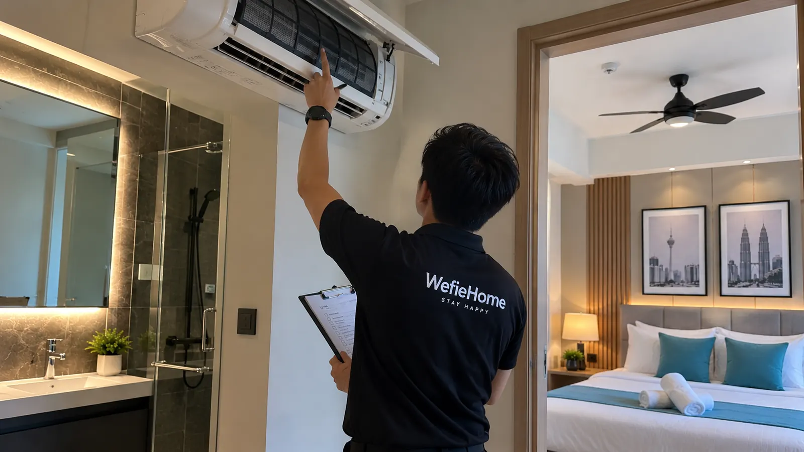 Team member in a WefieHome shirt checking an air-conditioner during a unit inspection