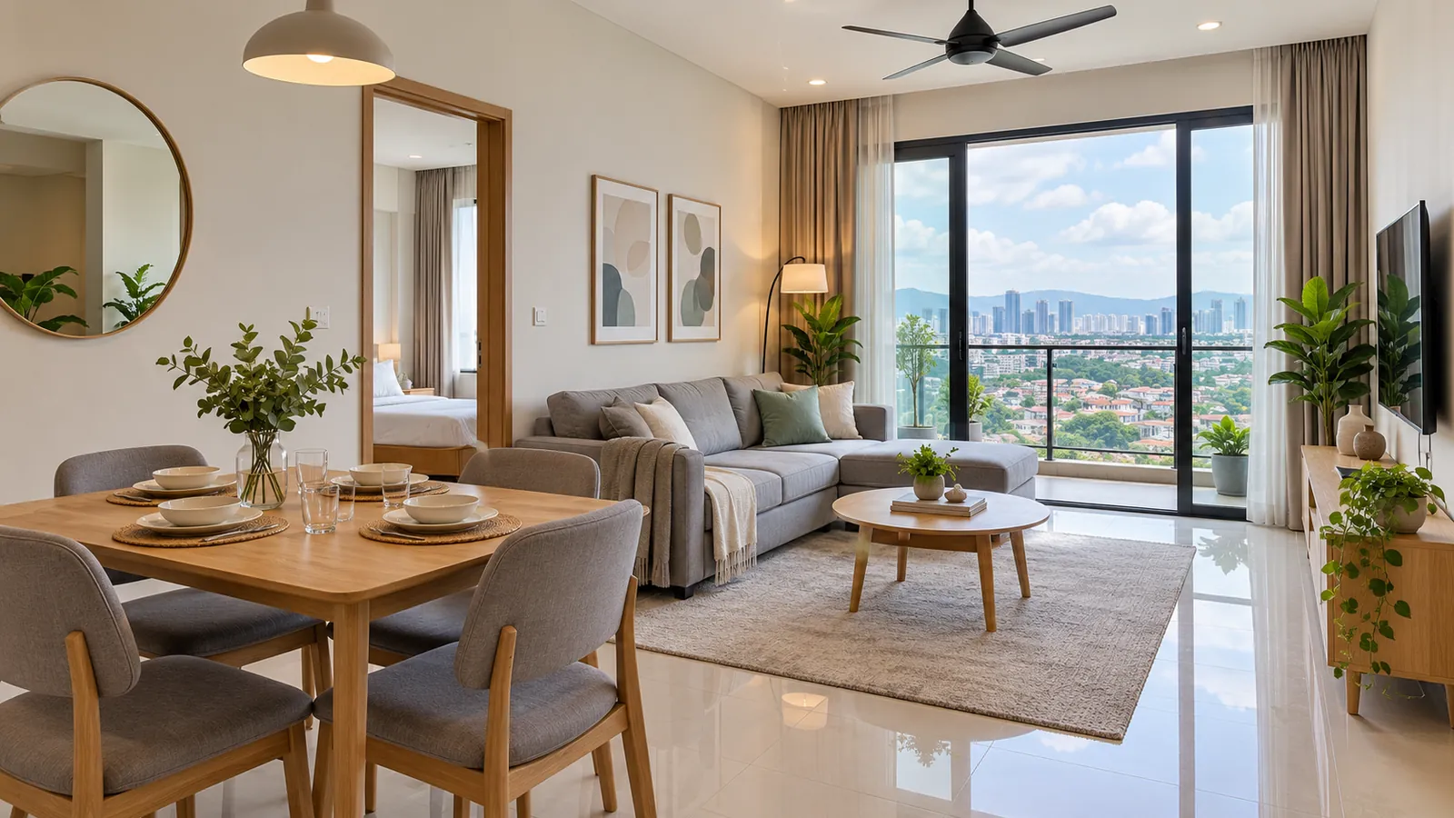 Guest-ready living room in a 2-bedroom short-stay condo