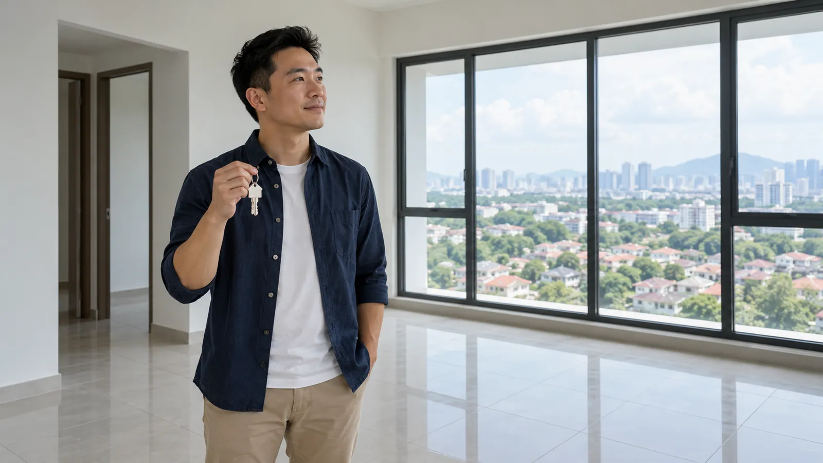 New condo owner holding keys in an empty unit after handover