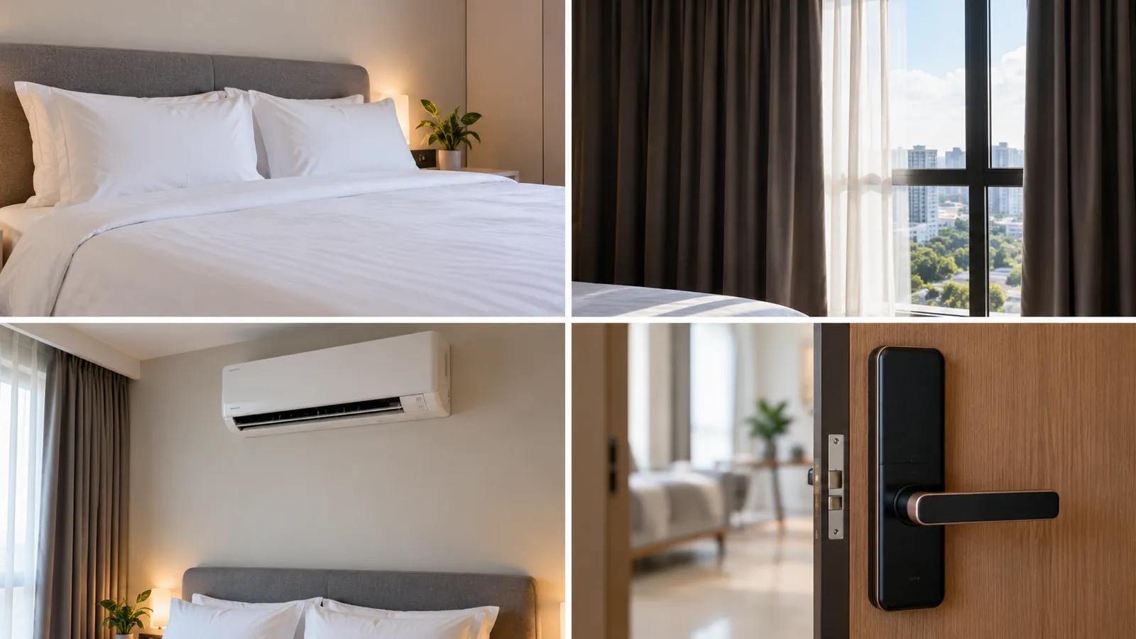 Setup essentials for a short-stay unit: beds, aircon, curtains and keyless entry