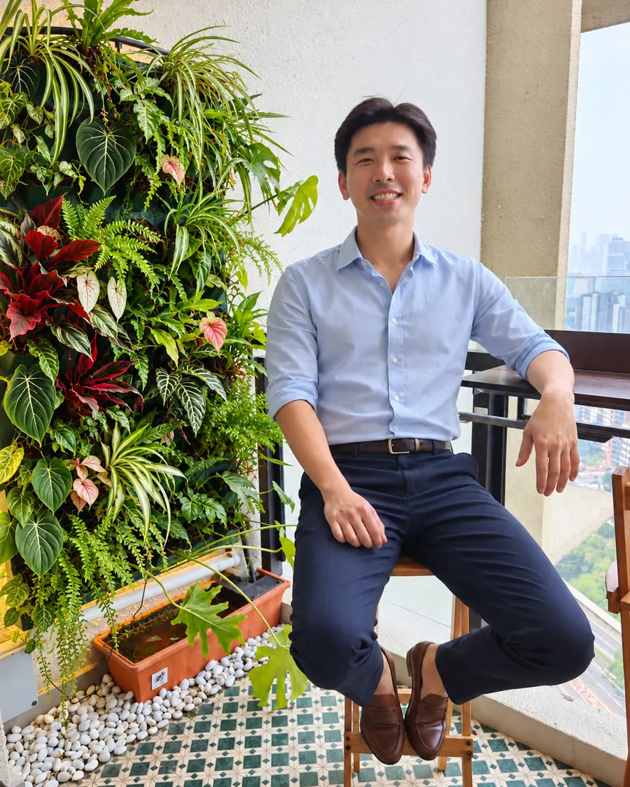 Ivan Ng, founder of WefieHome, sitting on a balcony with a plant wall